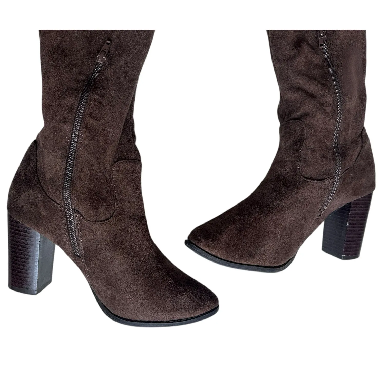 Charlotte Russe Over The Knee stacked heel Boots 7 brown Faux Suede back lace up - Image 5