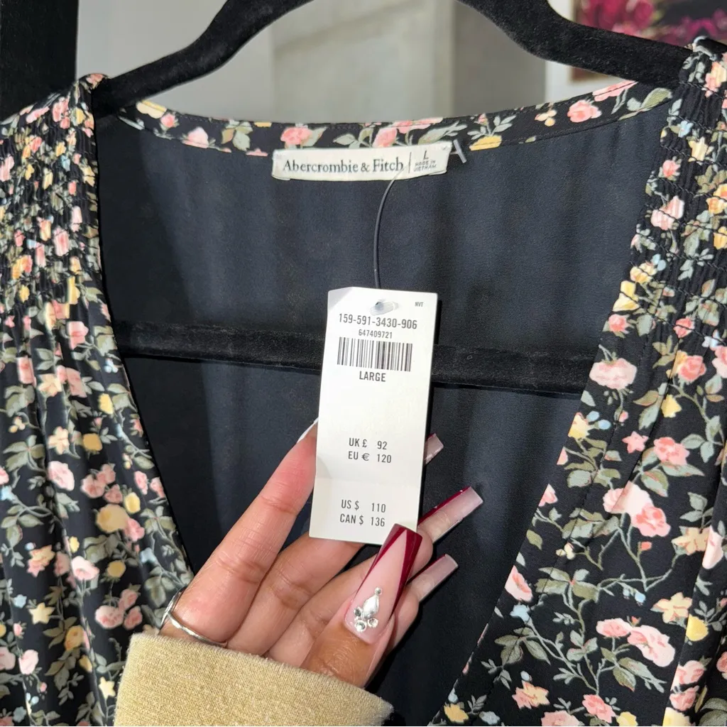 Abercrombie & Fitch Large Floral Smocked Waist Mini Dress Black Multi NWT $110 - Image 8