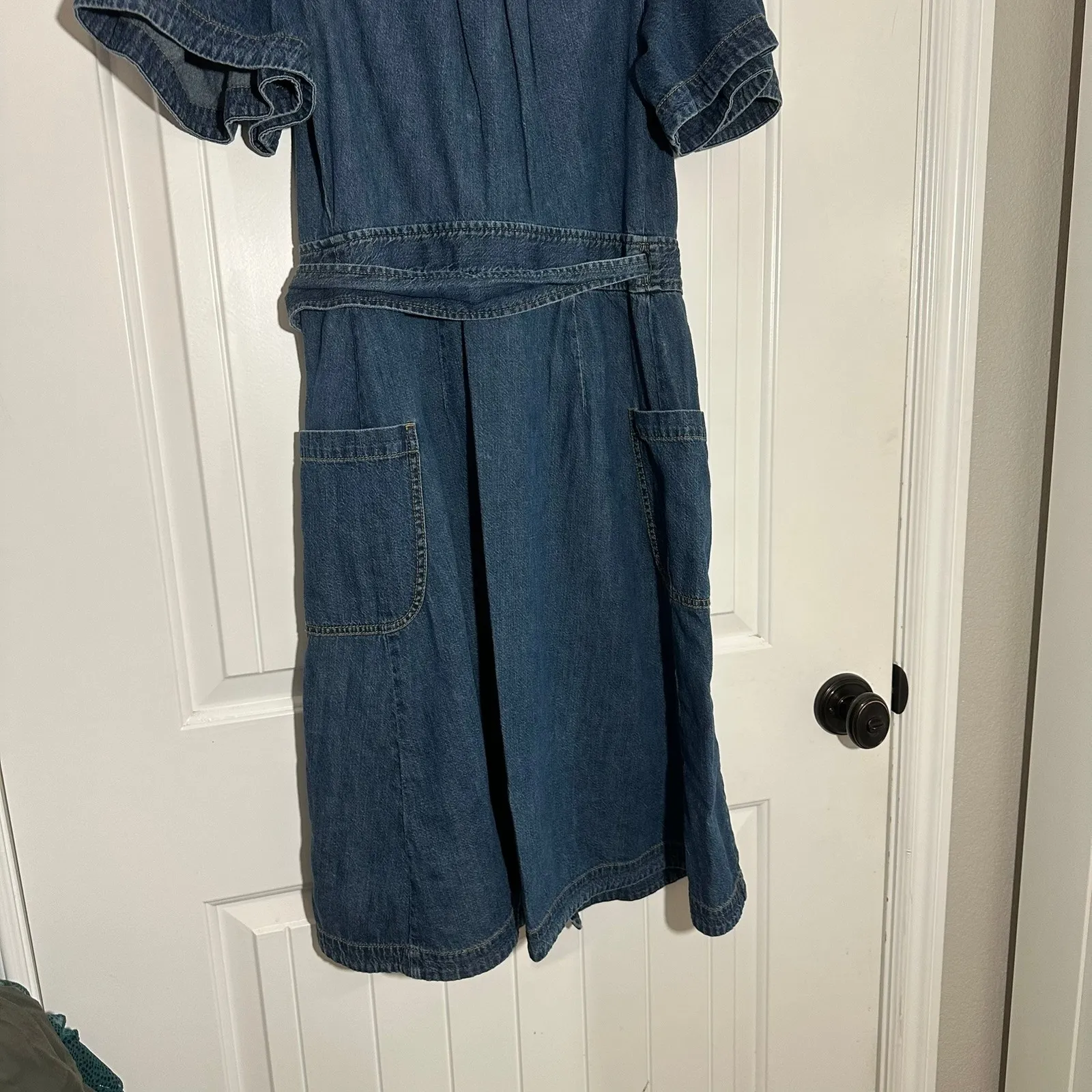 La Vie | Puff Sleeve Denim Wrap Dress Tie Waist |Women's XS‎ Blue - Image 6