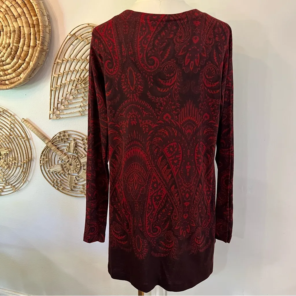 Soft Surroundings Nikita Paisley Tunic Red V Neck Long Sleeve Boho Top XL - Image 5