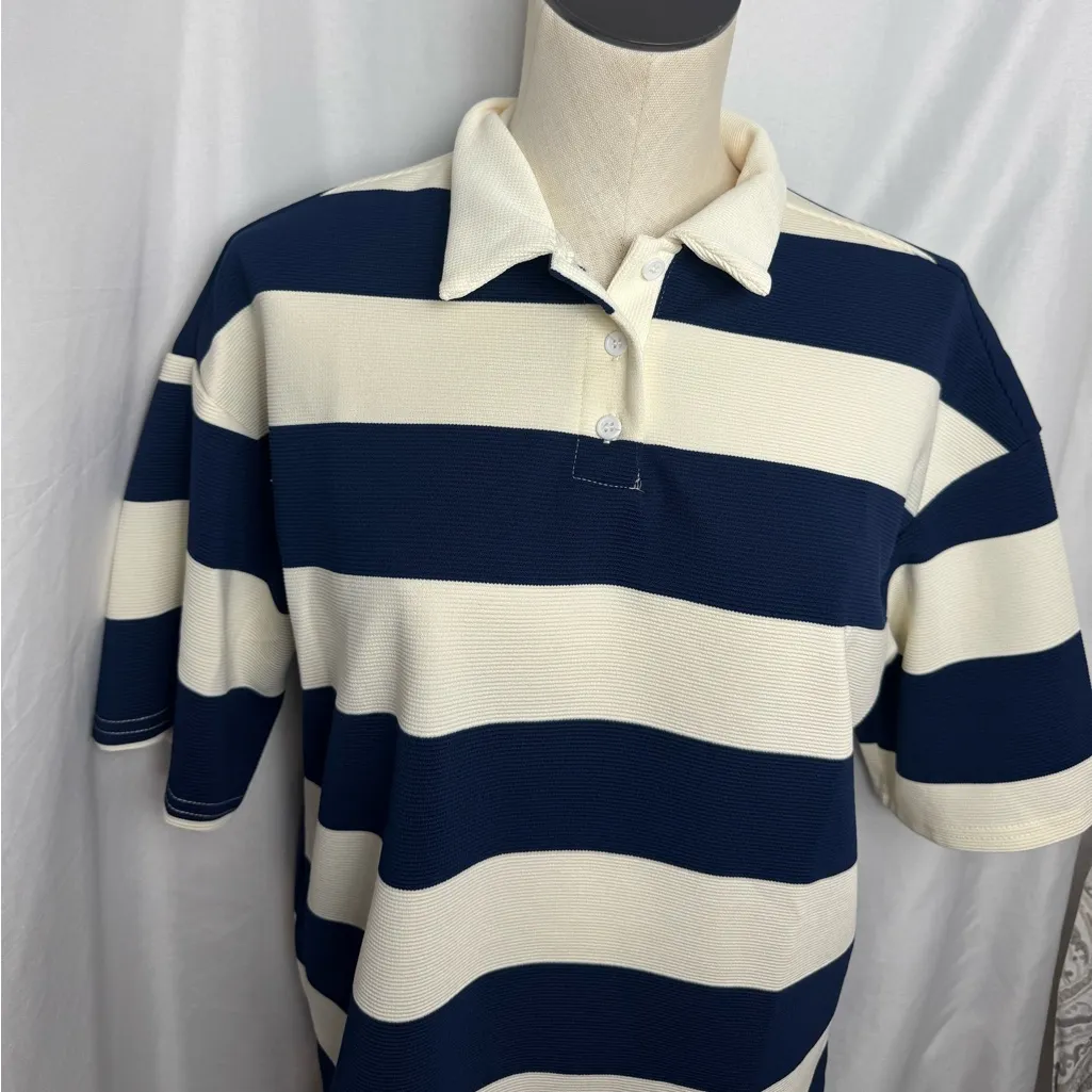 Striped Navy and Cream Top Loose Polo Short Sleeve T - Image 8