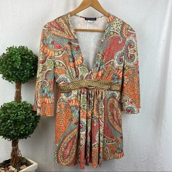 Boston Proper Print Woven Belt Waist 3/4 Sleeve Tunic Top M - Image 2