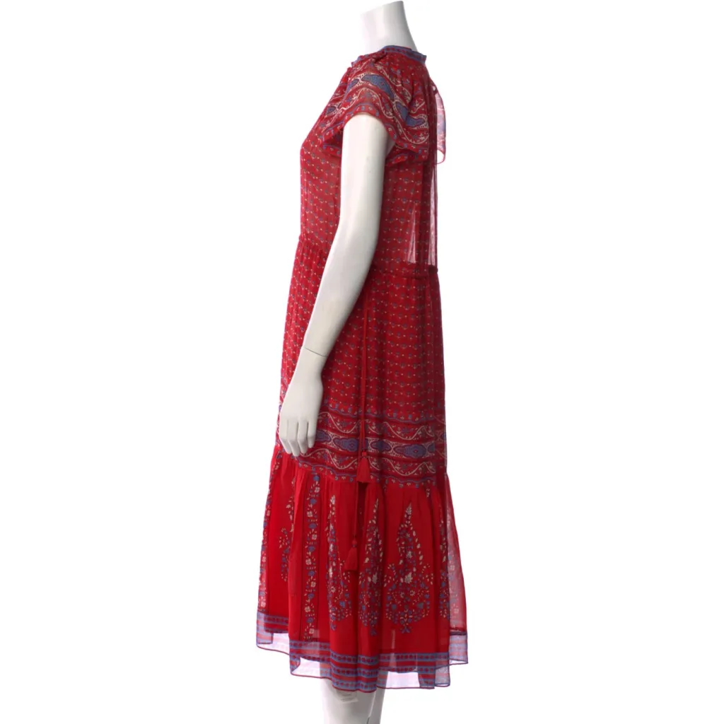 Ulla Johnson Neela Tassel Silk Dress Size Small Georgette Midi Scarlet Red Scarf - Image 2