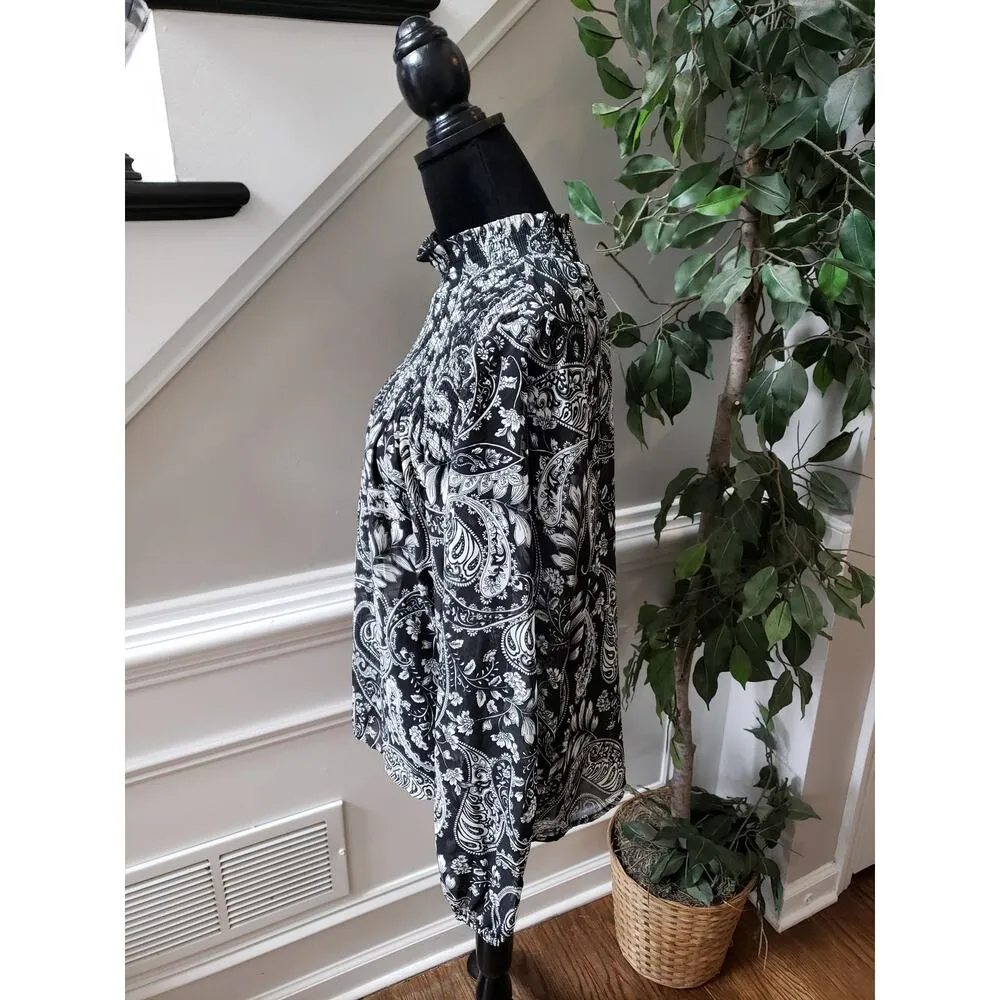 ANA Blouse Women L Black White Paisley Long Sleeve High Neck Boho Peasant Top - Image 5