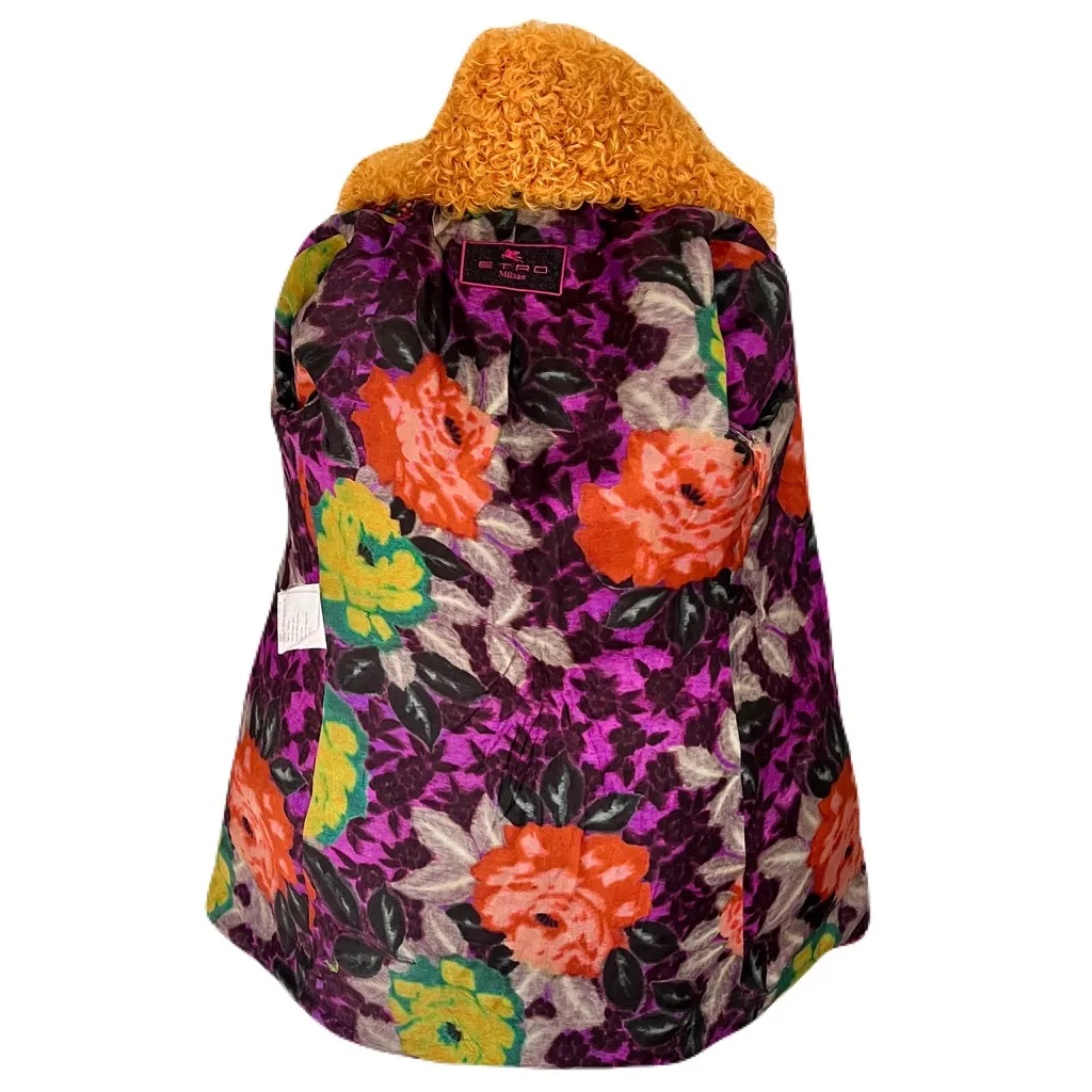 Vintage Etro 100% Wool Rainbow Tweed Coat w/ Marigold Curly Wool Collar, Size 38 Red - Image 5