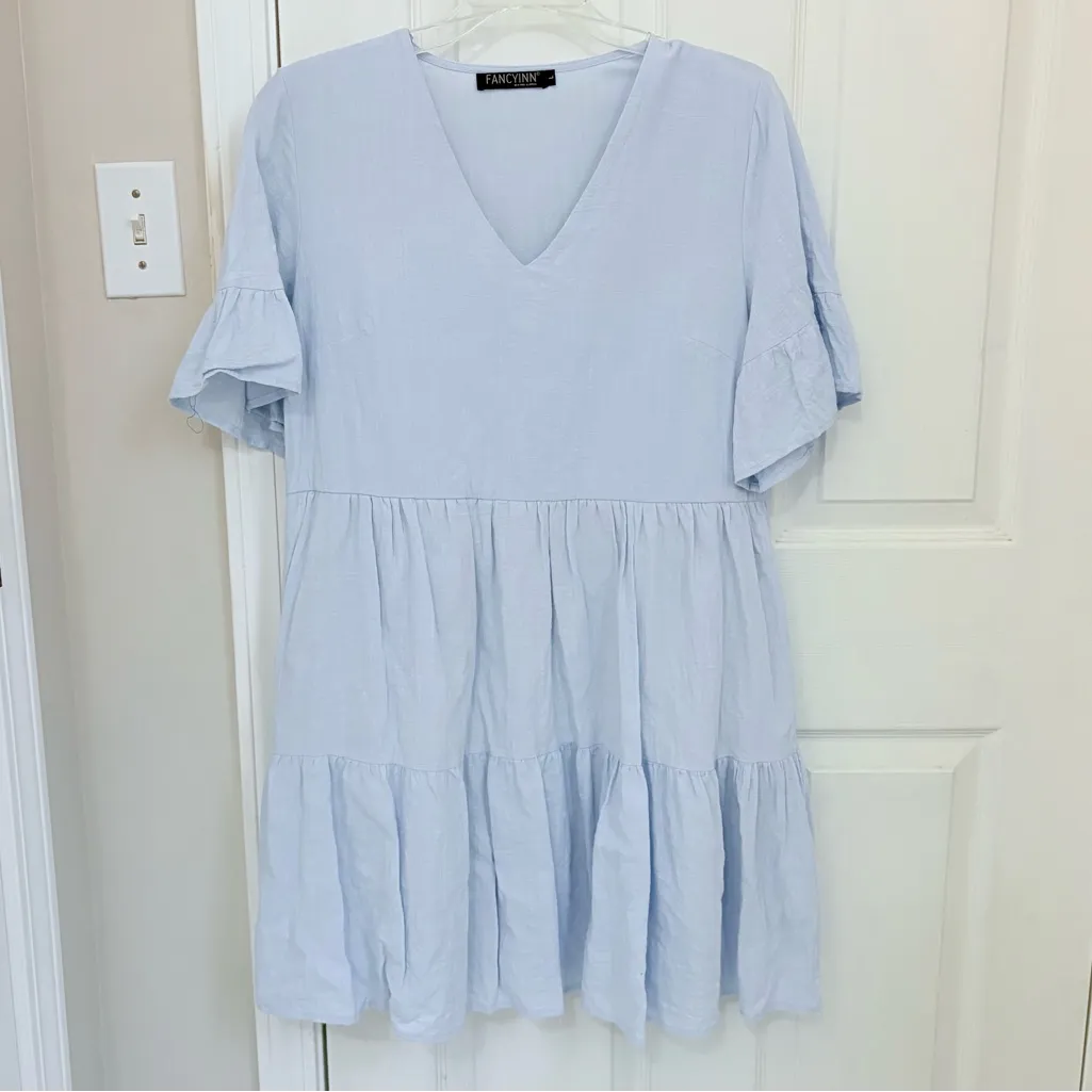 Fancyinn  Short Sleeve Tiered Dress in Light Blue - Image 7