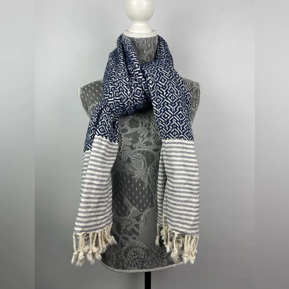Textured Blue White Striped Rectangular Scarf Beach Throw‎ Blanket Fringe Hem - Image 7
