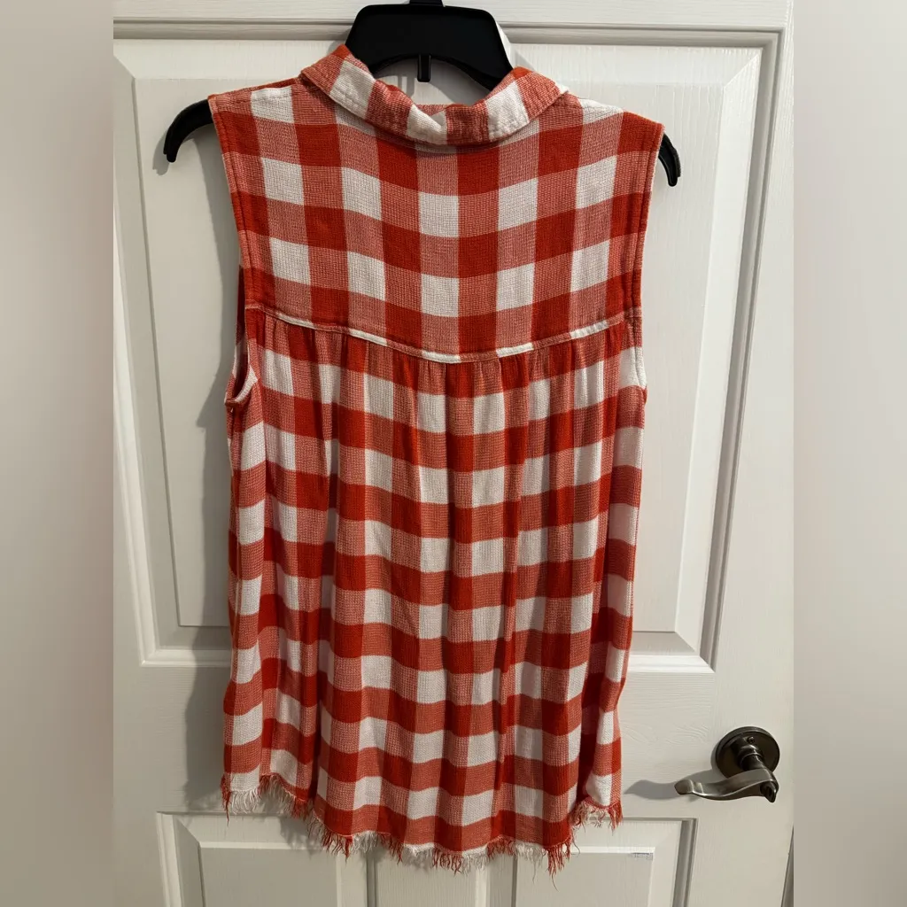Beach Lunch Lounge Fringe Button Polo Tank Top Orange Plaid Country Size XL - Image 7