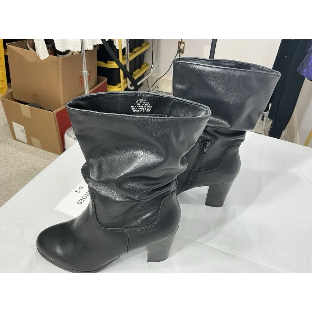 Womans Style & Co Saraap Midcalf Boots 10.5 M Black Pull On 1/4 Zip Rushed Heel - Image 3