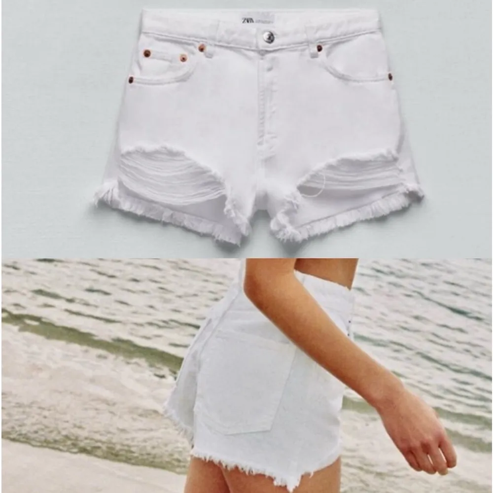 Zara White distressed high waisted denim jean shorts - ripped, frayed hem - Image 3