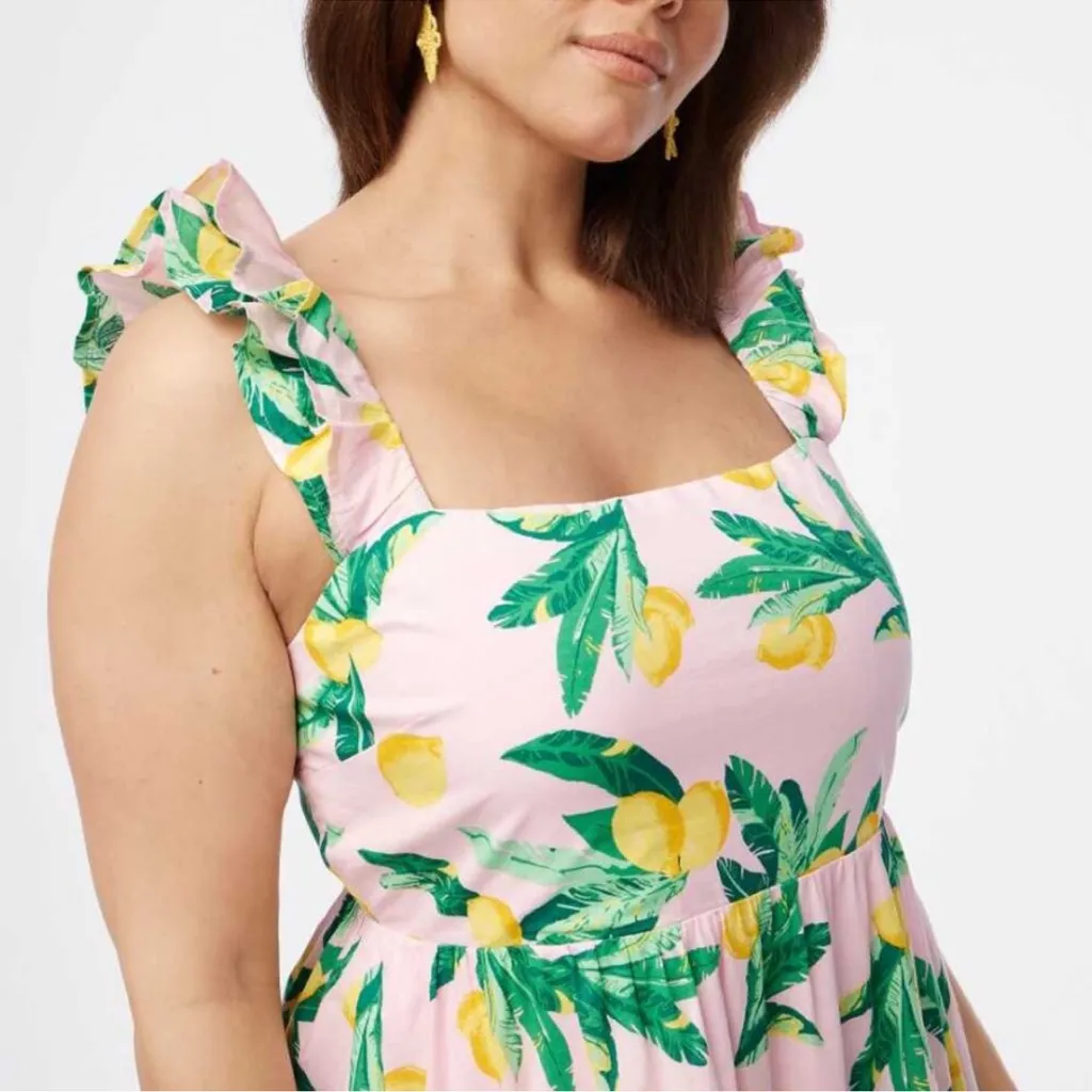 J CREW WOMENS LEMON PRINT SQUARE NECK MIDI TIERED DRESS 2 PINK COTTON - Image 9