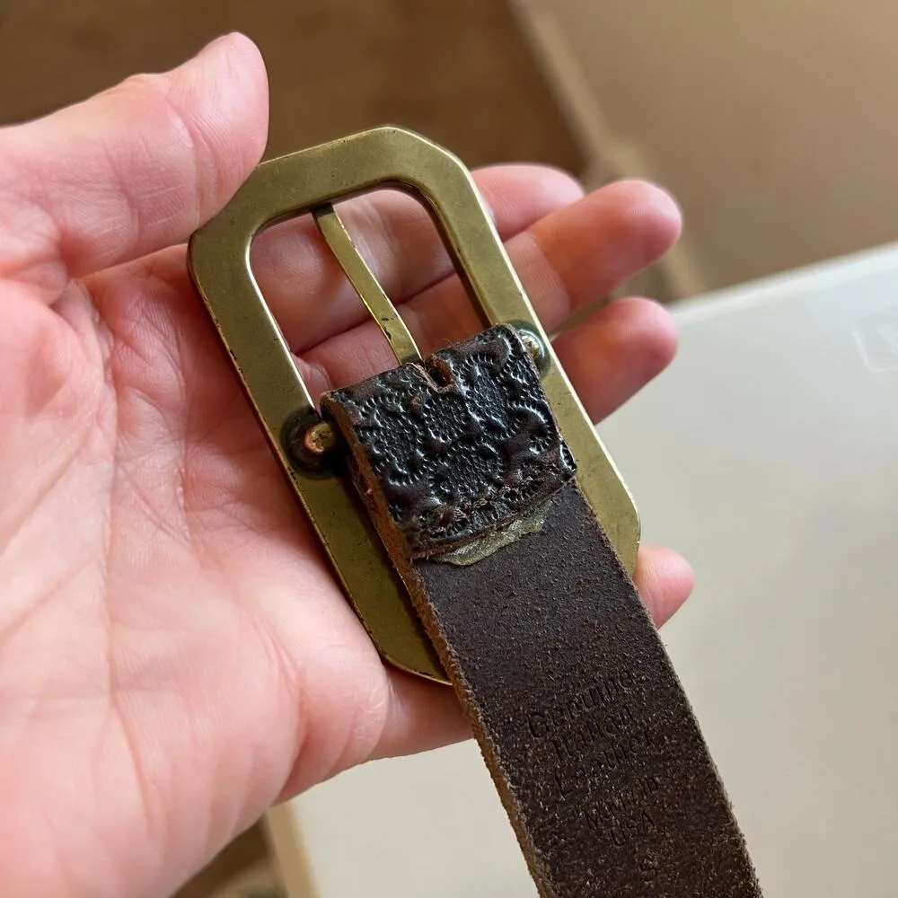 Brown Genuine Italian Leather Embossed USA Brass Sparkle Buckle Belt Size S/M Size M - Image 10