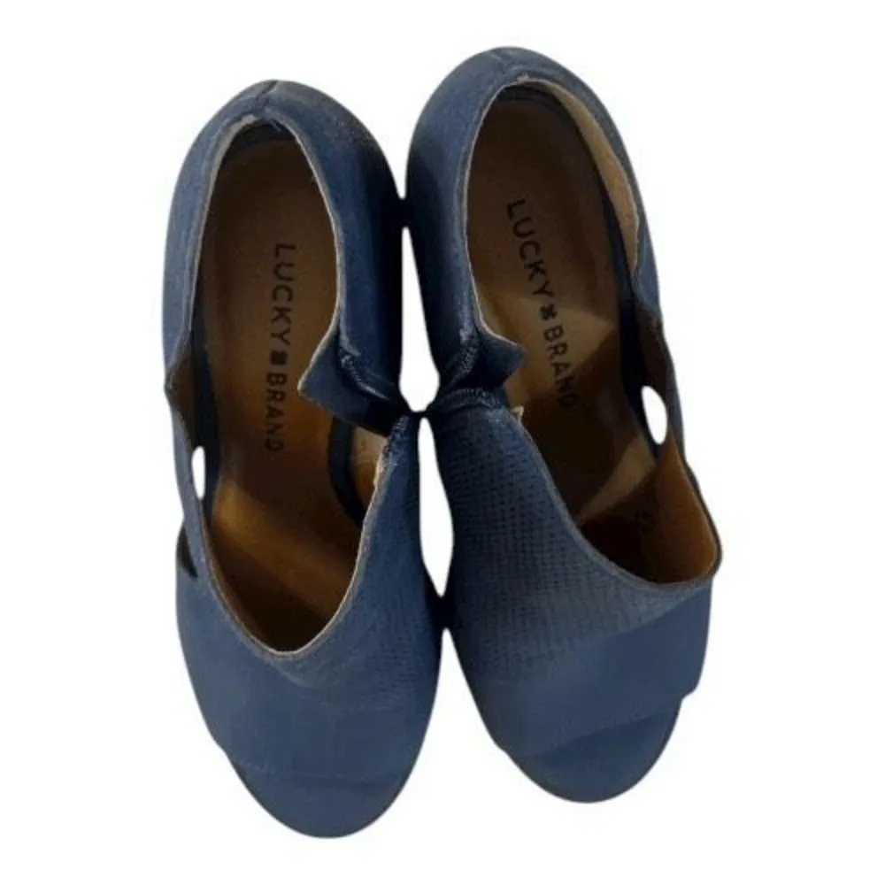 Lucky Brand Jedrek Women Wedge Boots Size 7.5 Leather Blue Heel Zip Peep Toe - Image 8