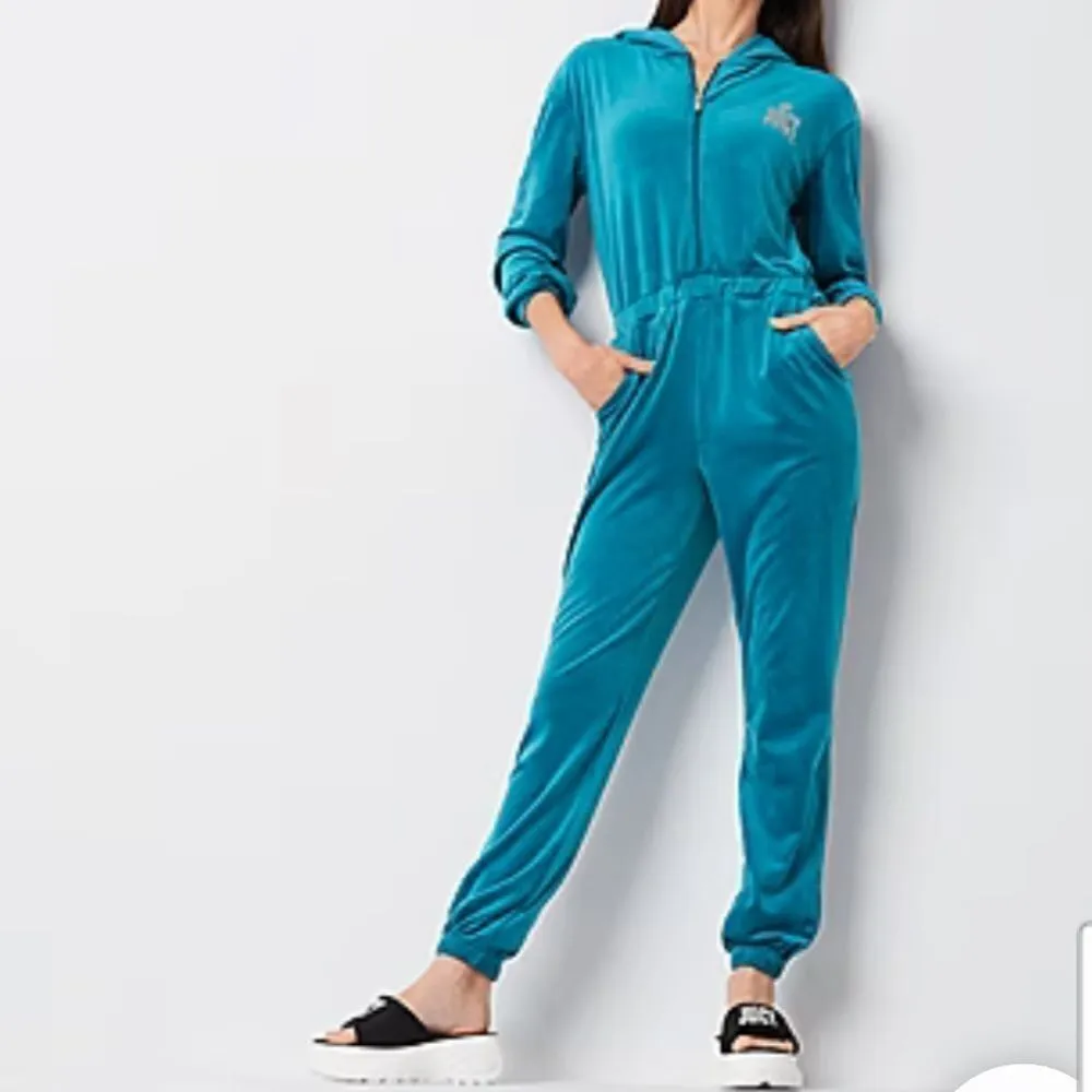 NWT Juicy By Juicy Couture Jumpsuit peacock Velour Hooded Long Sleeve Zip Up L - Image 3