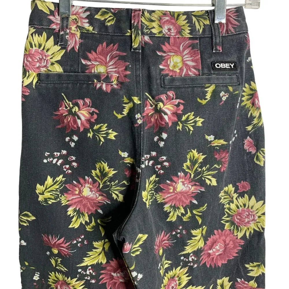 Obey High Waisted Denim Jeans 25 Black Floral Cropped Pleated Pockets Zip Mom - Image 4