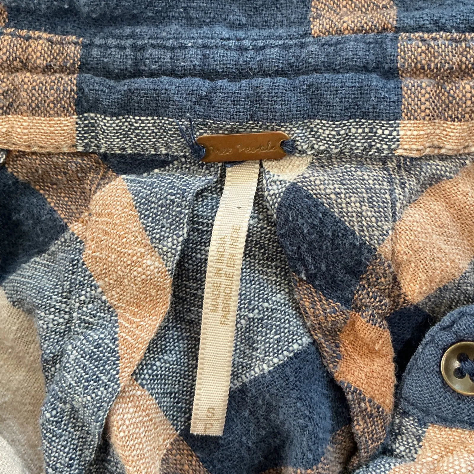 Free People Plaid Button Down Shirt Long Sleeve Ruffle Hem Taupe Blue S - Image 4