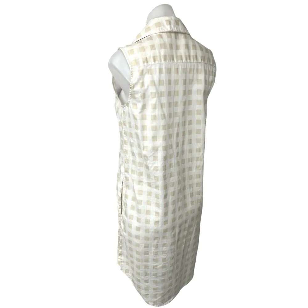 Saks Fifth Avenue White Tan Linen Checkered Button Up Sleeveless Shirt Dress S - Image 2