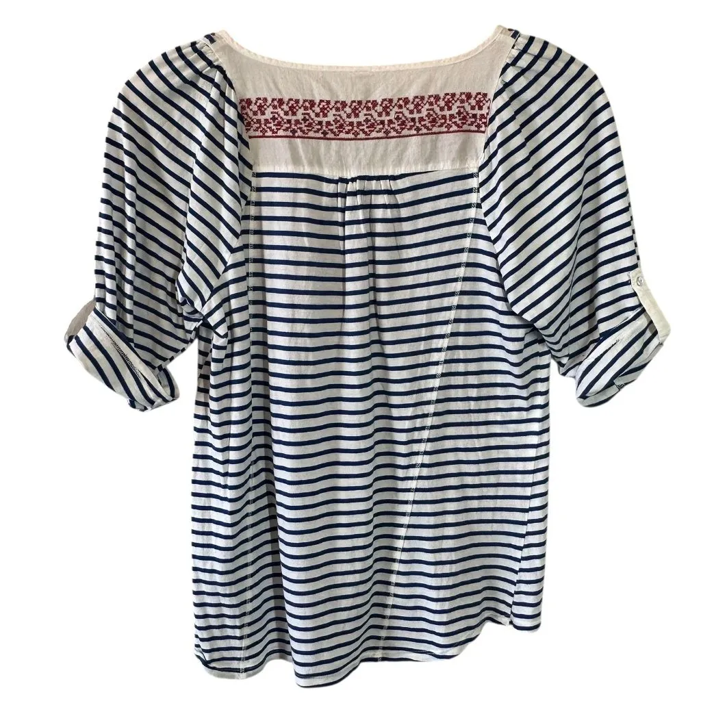 Anthropologie Tiny Embroidered Striped Top Blue White Boho Peasant Blouse Medium - Image 5