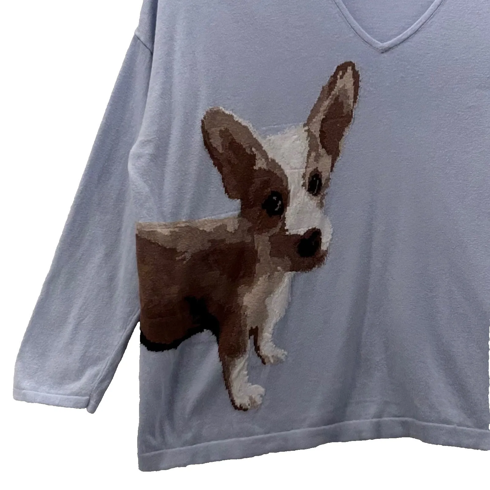 J Jill Womens Sweater Top Size‎ XL Puppy Corgi Dog Animal Applique Novelty Comfy Blue - Image 5