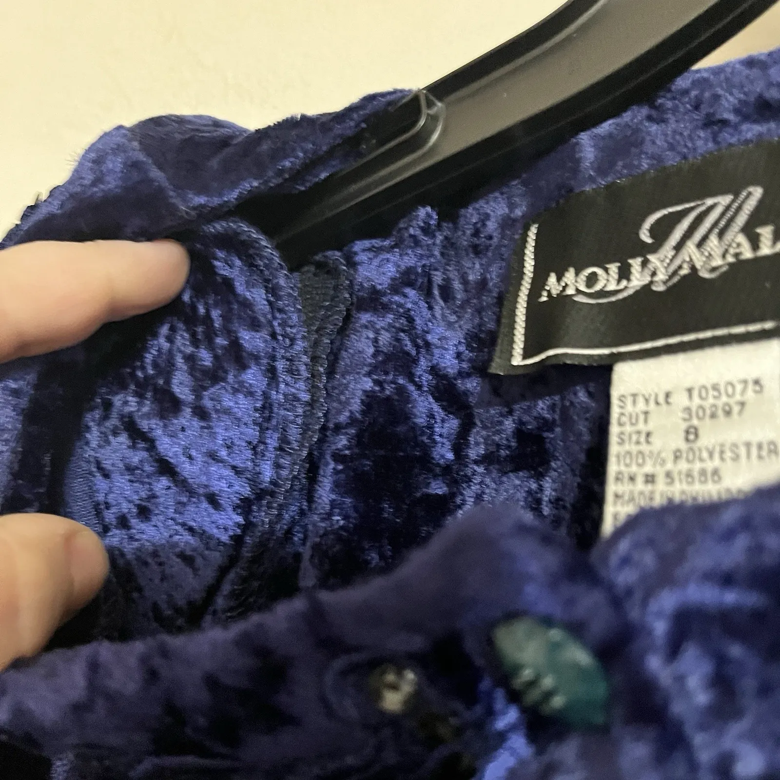 90s Vintage Molly Malloy Dress Women's Size 8 Midi Length Blue Crushed Velvet - Image 10