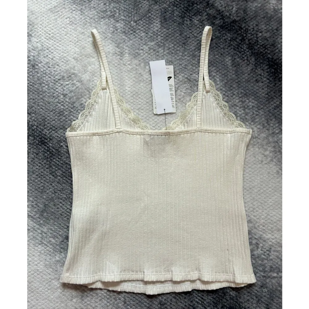Topshop Lace Trim V Neck White Crop Cami Ribbed Top Size 12 Large Romantic NWT - Image 4