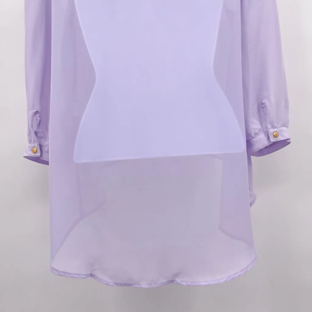 Chiffon Sheer Lavender Purple High Low Button Up Collared Shirt Top Blouse - Image 5