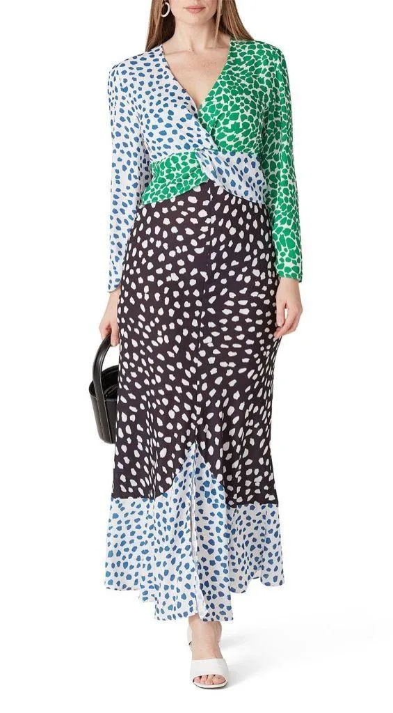O.P.T. Cope Patchwork Polka Dot Colorblock Ruffle Twist Front Maxi Dress Small Green - Image 11