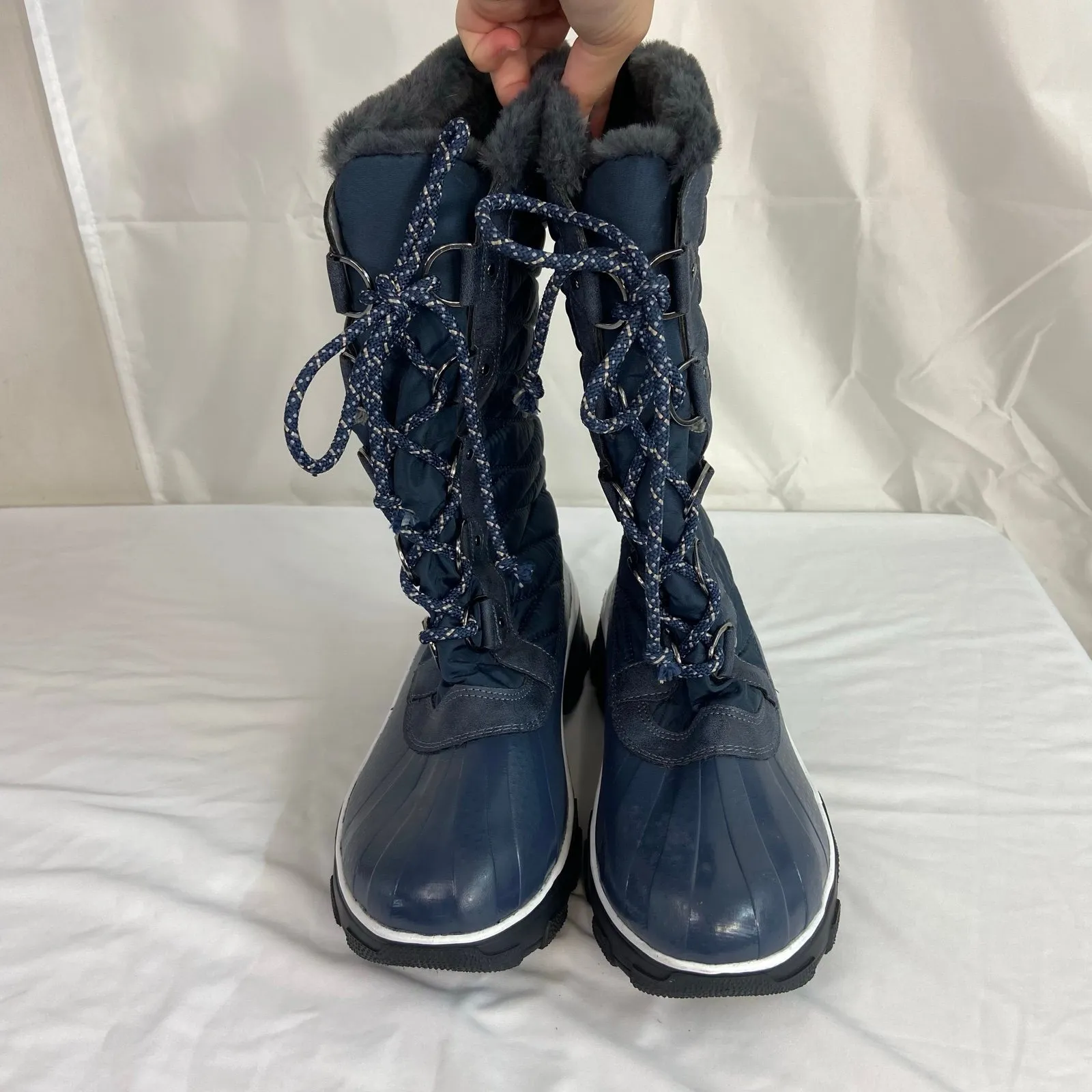 JBU women's navy blue‎ lace up faux fur lined Lorina waterproof winter boots 9.5 - Image 2