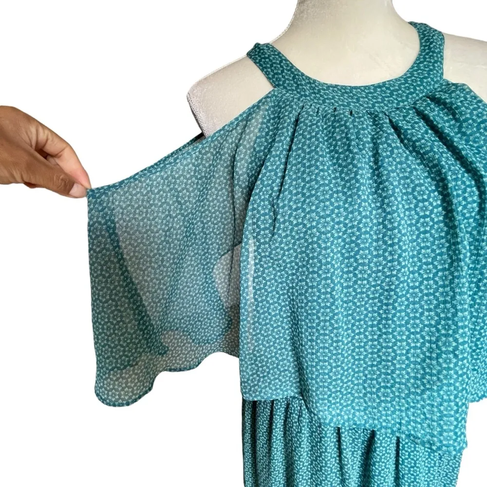 Soft Surroundings Chiffon Teal Maxi Dress Women’s Size M Floral Geo Printed Line - Image 8