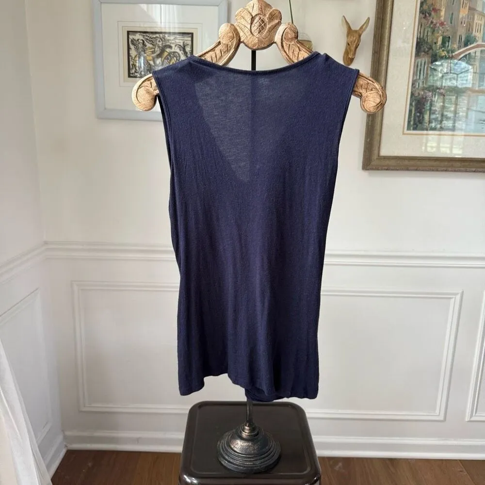 Anthropologie Deletta Dark Blue Vneck Ruffle Rucked Tank L - Image 4