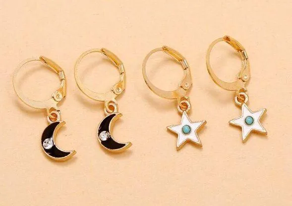 Dainty Moon Star Round Hoop Drop Earrings 2pairs Gold - Image 2