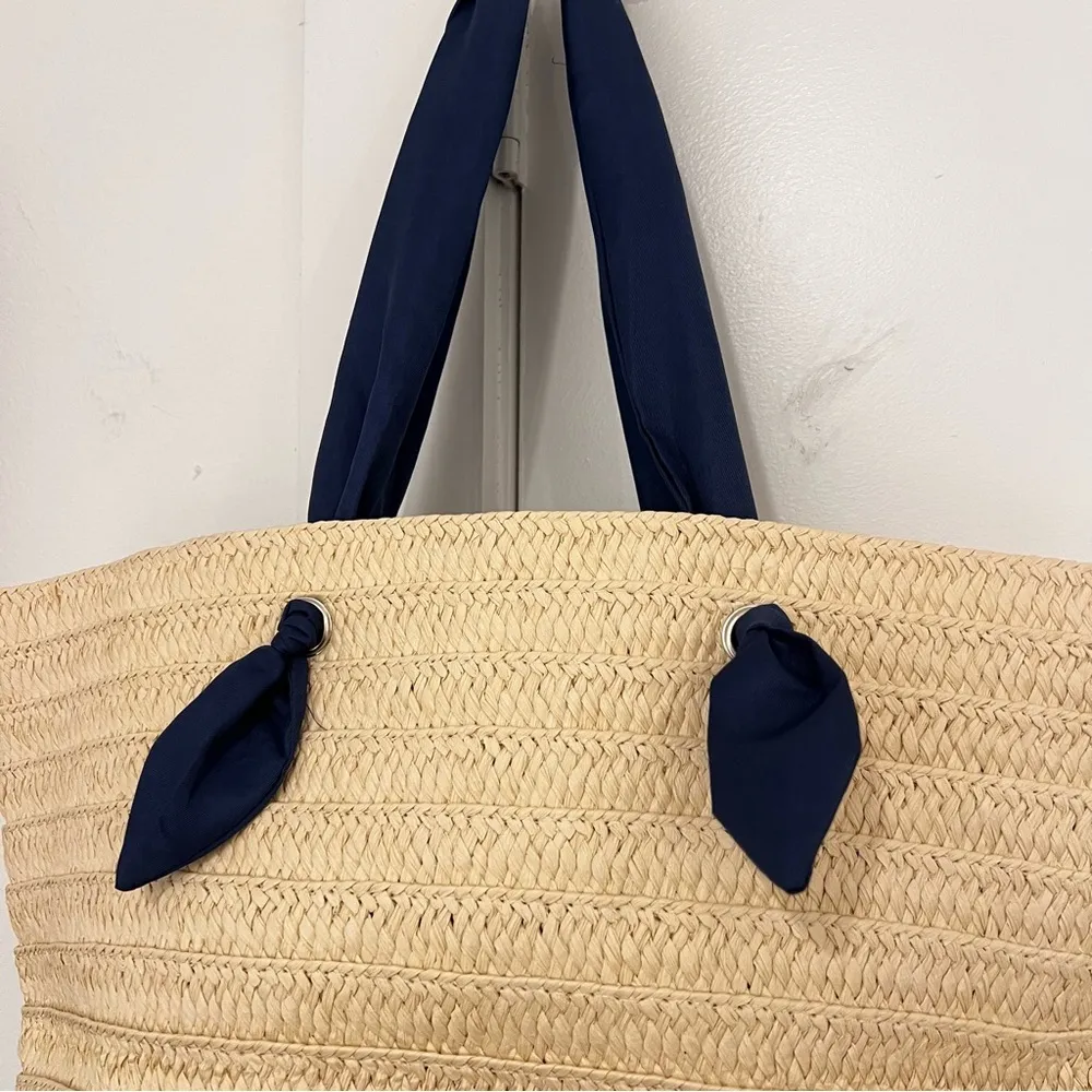 Neiman Marcus Straw Tote Navy Ribbon Straps - Image 3