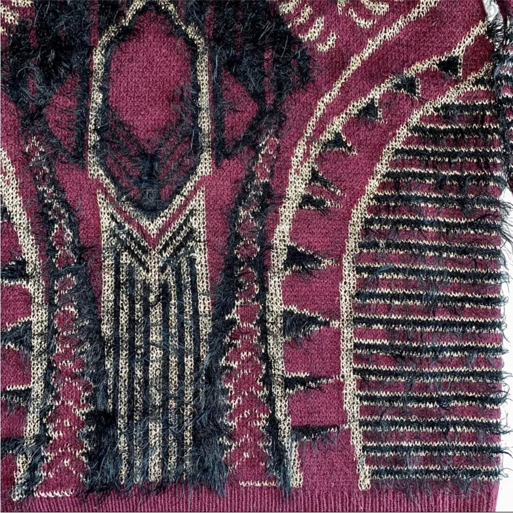 Furry Crewneck Sweater Metallic Purple Plum Gold Black Art Deco sz L - Image 9