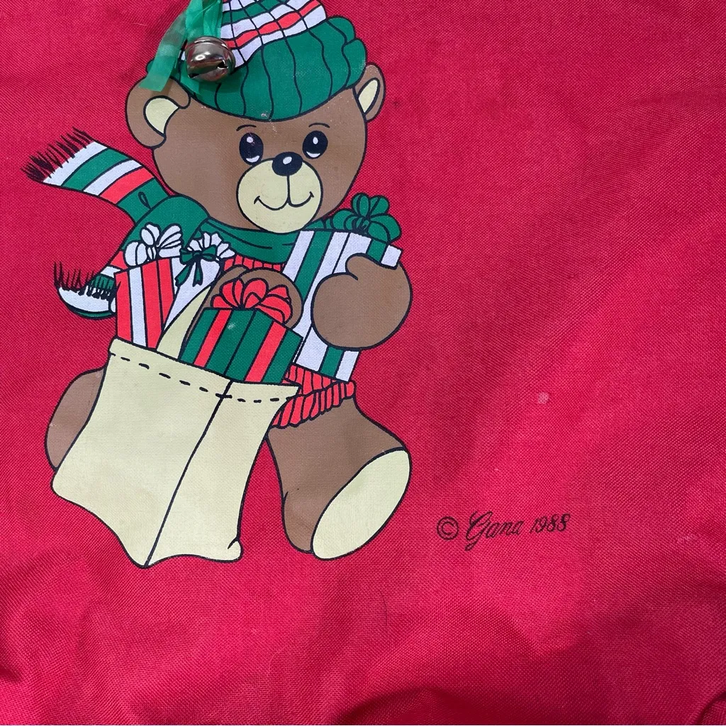 Vintage Christmas 1988 Winter Teddy Bear Red Canvas Tote Bag Jingle Bell 17x18' - Image 3