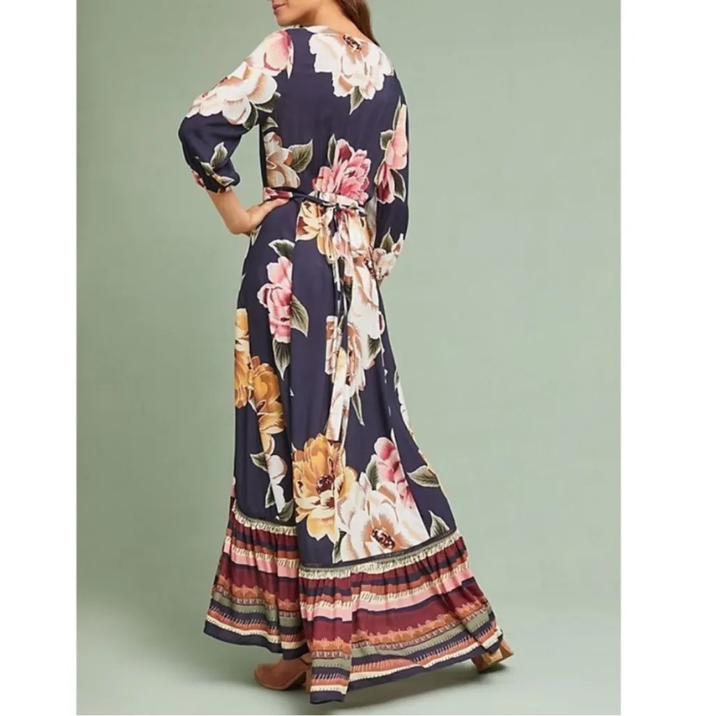 Anthropologie Farm Rio Layla Floral Ruffle Maxi Wrap Dress Size XXS Petite - Image 5