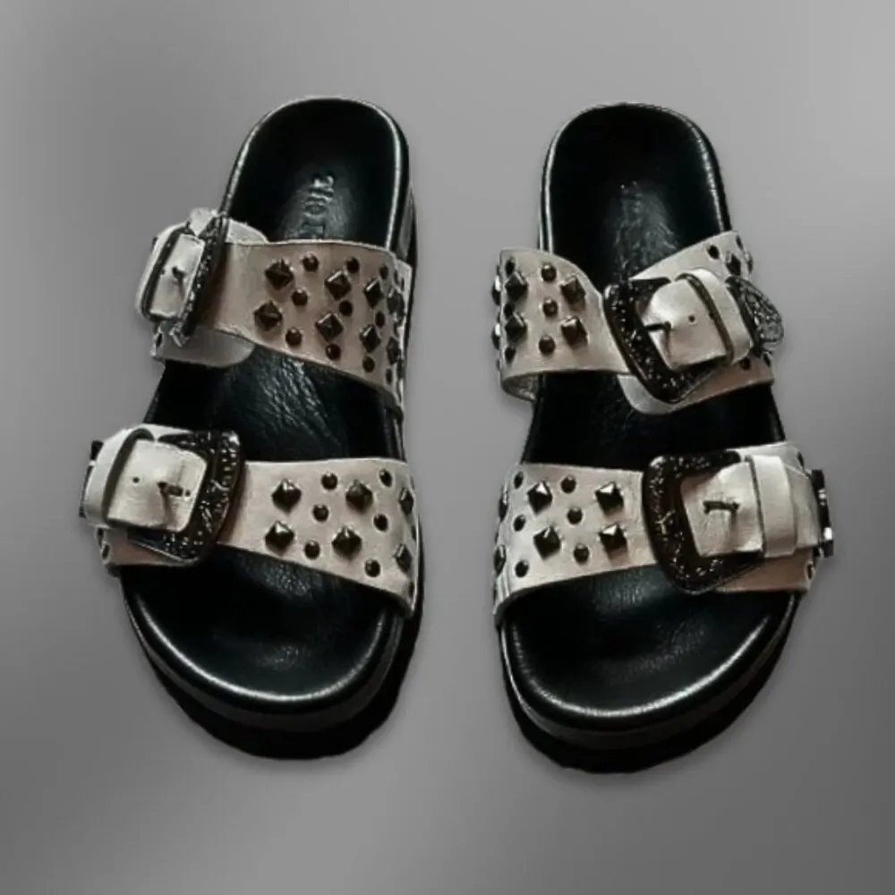 The Kooples Leather Sandals with Studs Slip-on Style White Black Women's 36 NIB - Image 2