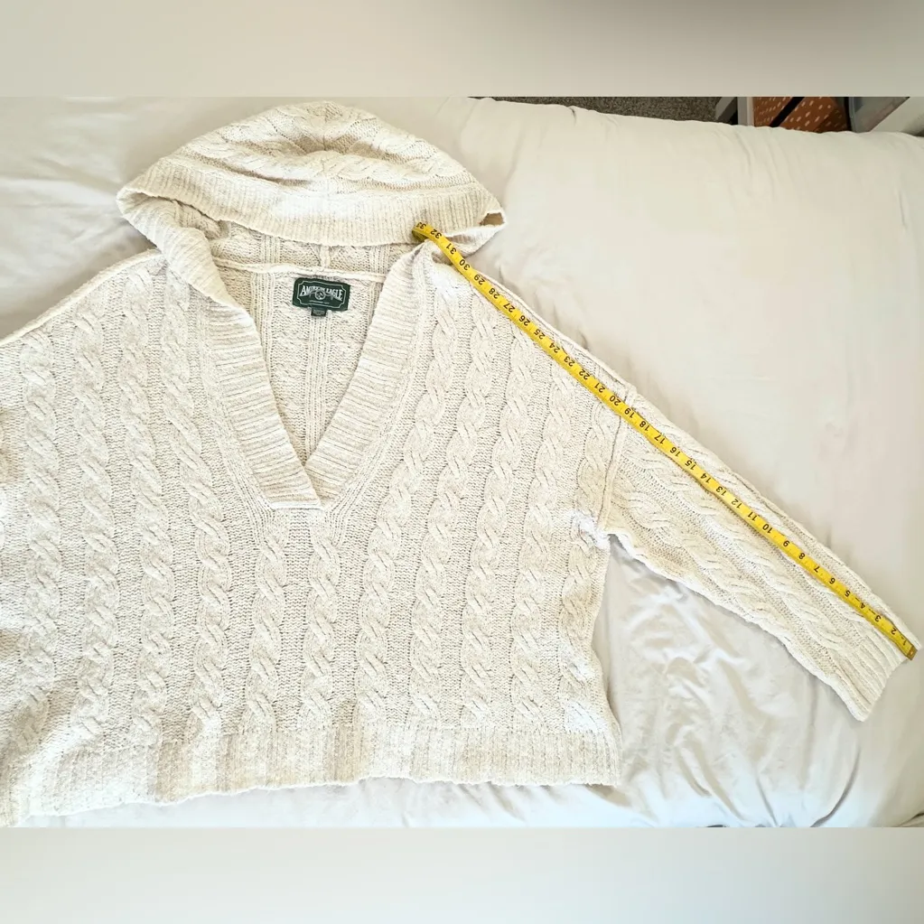 Vintage American Eagle Cable Knit Sweater Hoodie - Cream/Ivory - XL - Image 6