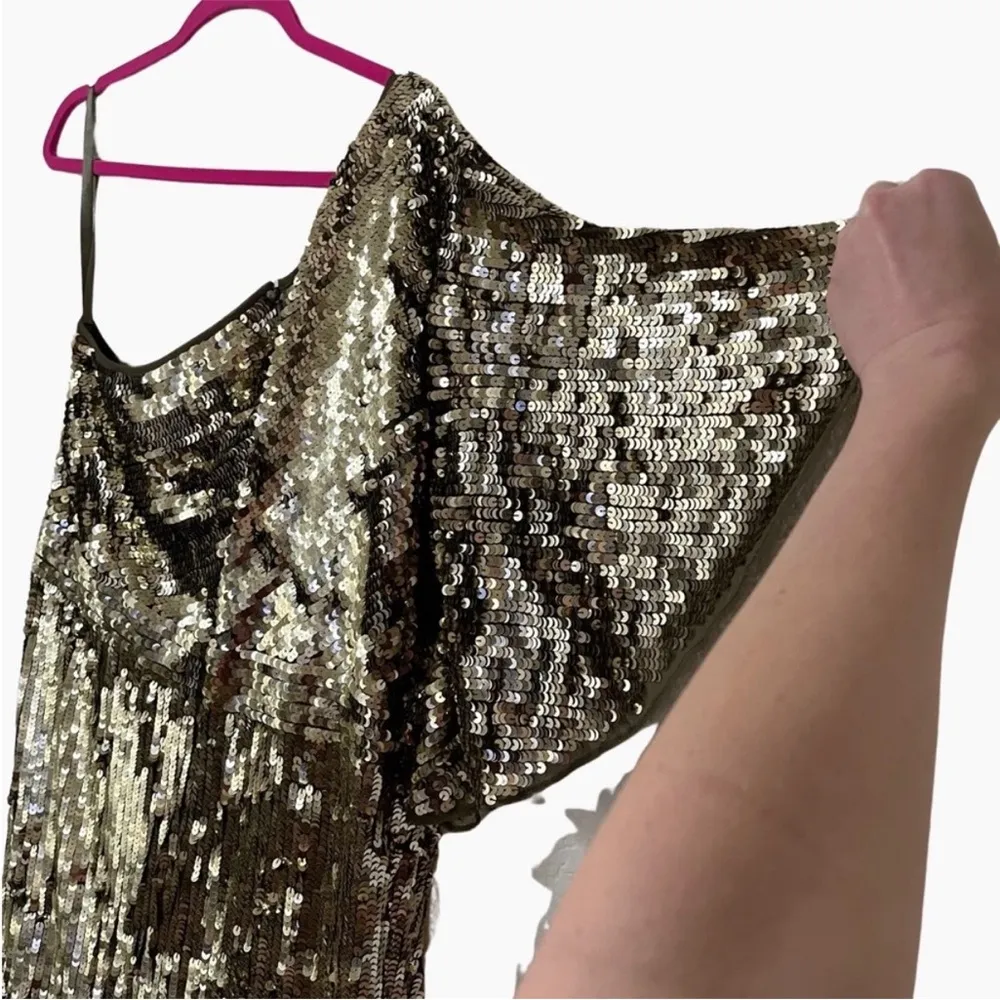 Mac Duggal Cap Sleeve Gown Gold Cowl Neck Trumpet Sequin Gown Maxi Dress 16 - Image 9