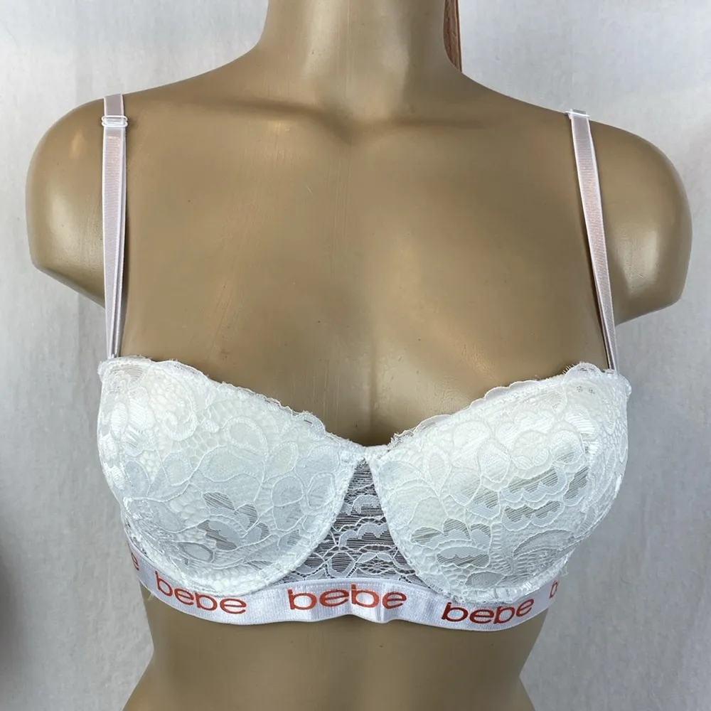 Bebe SET of 2 Pink & White Lace Cup Contour Convertible Logo Band Bras 34B - Image 2
