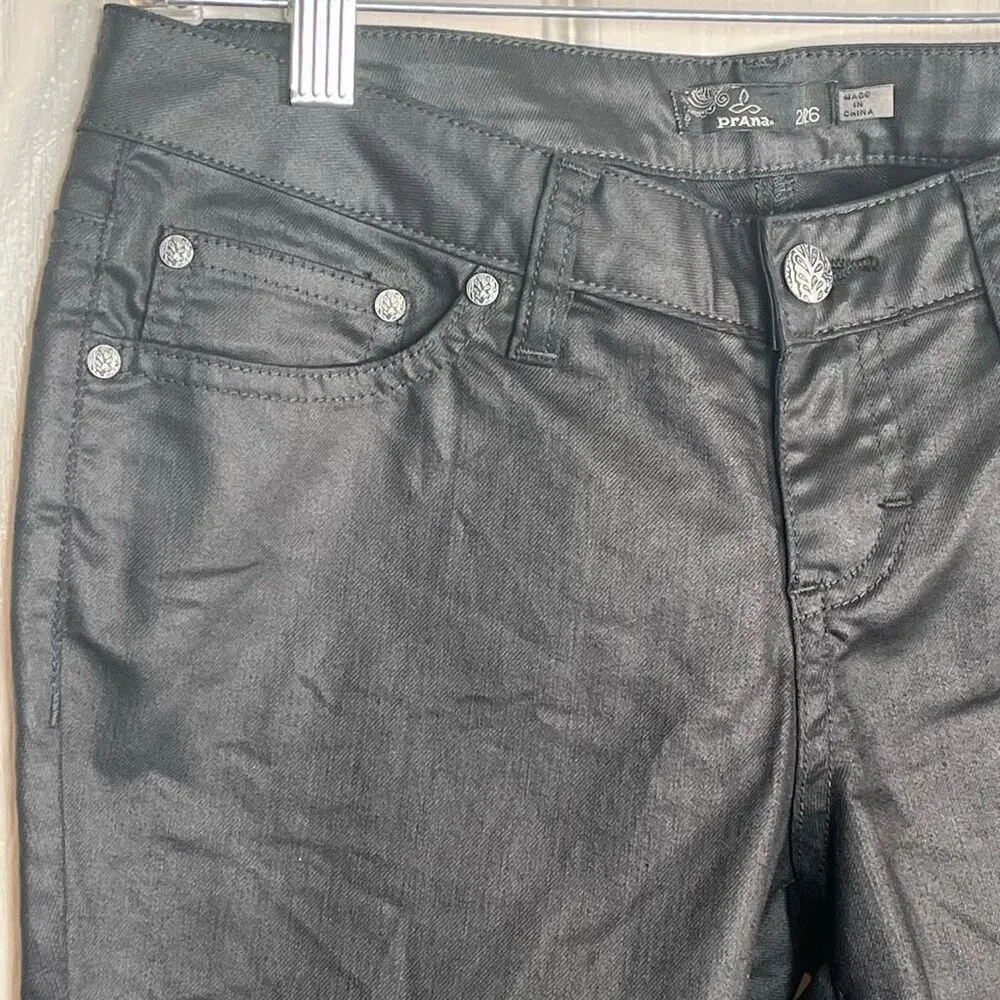 Prana Sz 2 / 26 Black Wax Coated Skinny Jeans Mid  Rise - Image 5