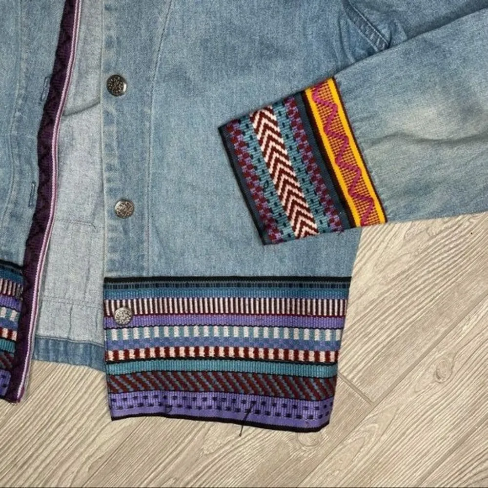Vintage cold water creek Denim Jean jacket cotton embroidered Aztec hem designs - Image 3