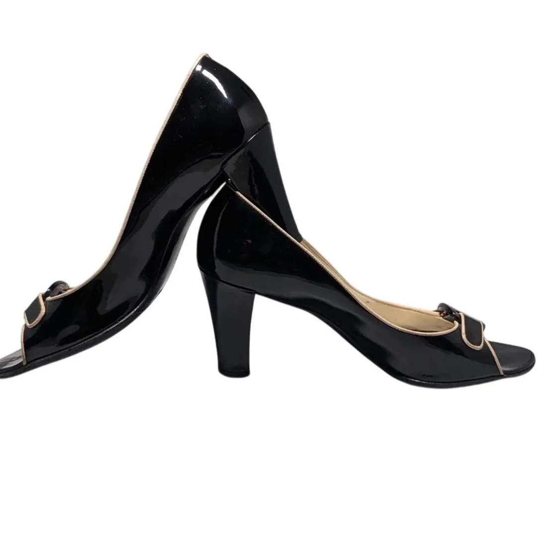 Salvatore Ferragamo Black Patent Leather Gancini Peep Toe HeelMade in Italy 7.5 - Image 2