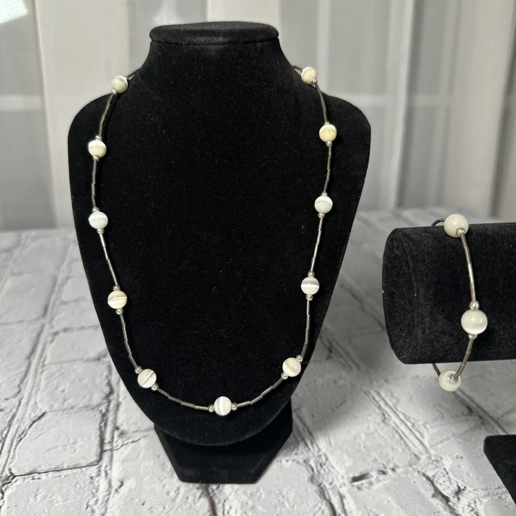 Vintage Silver Tube Bead Round White Cat Eye Glass Bead Necklace And Bracelet - Image 2