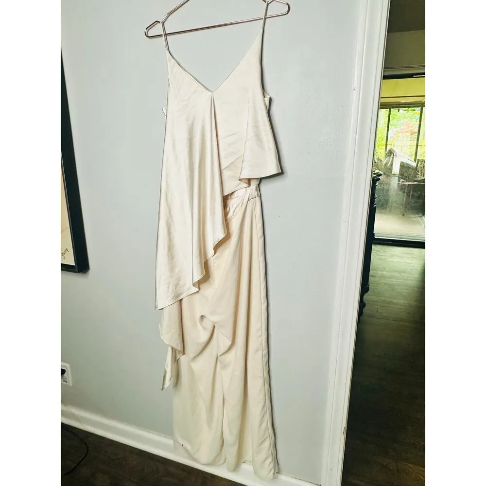 OBANDO COLLECTIVE Women's Ivory White Wide Leg Satin Cape Jumpsuit Size 2 - Image 9