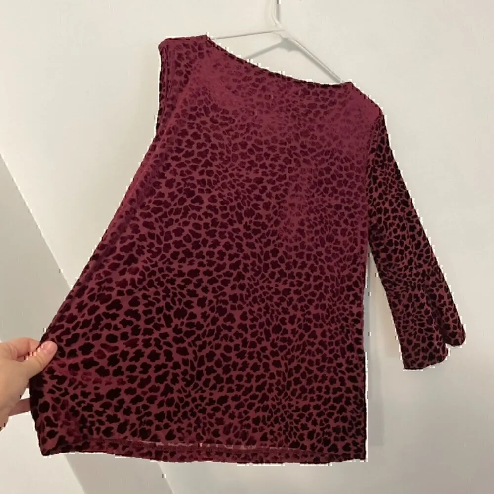 TALBOTS Burnout Flounce Sleeve Top Burgundy Maroon Cheetah Leopard 3/4 Sleeve L - Image 12