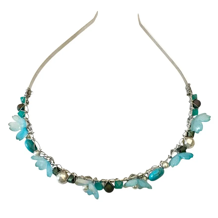 Fairy Headband with Lucite Flowers, Turquoise, Hematite and Glass Pearls Blue - Image 2