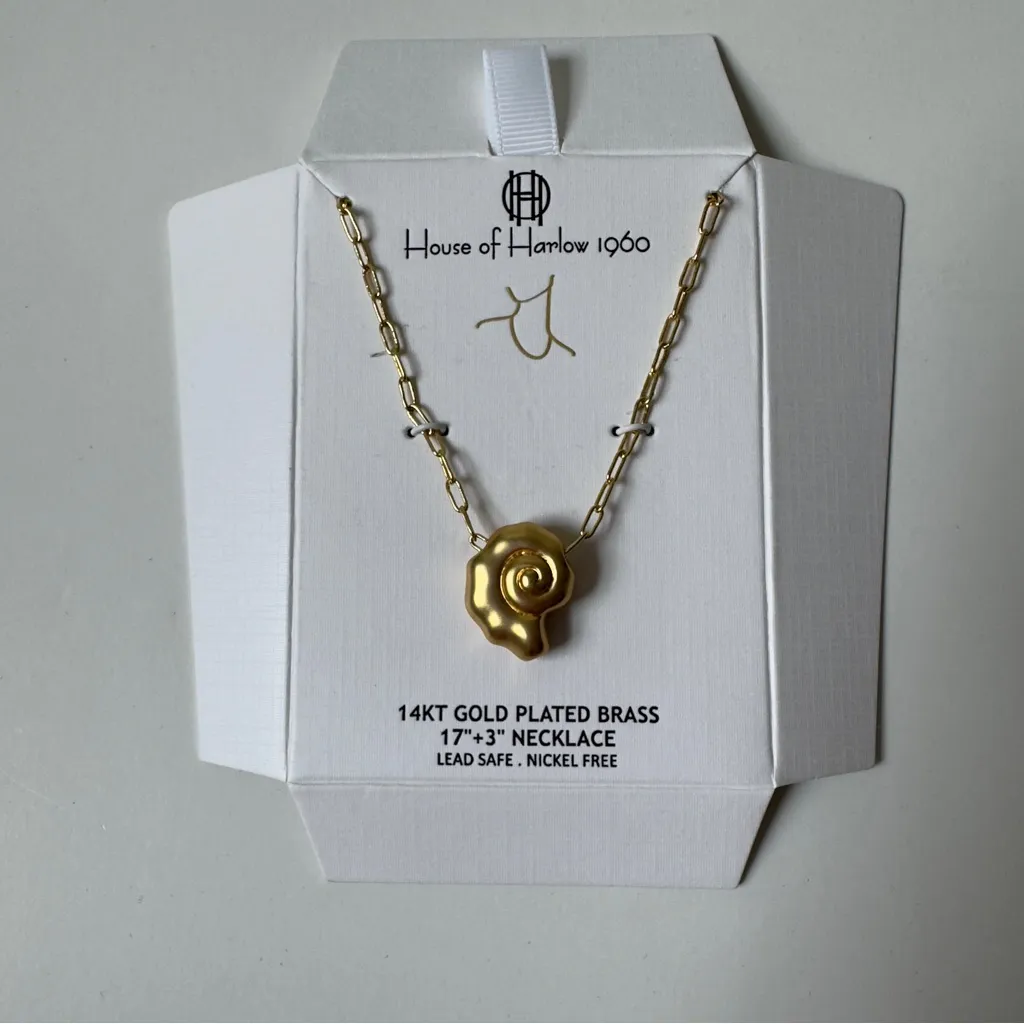 House of Harlow 1960 14KT Gold Pleated Brass Spiral Seashell Necklace Chain Hook - Image 7