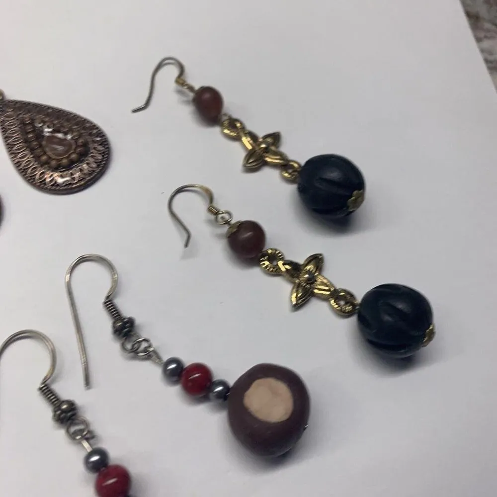 Lot Of 4 Pretty Costume Earrings Pierced Long Dangle Mix Some Beaded Some Brown - Image 5