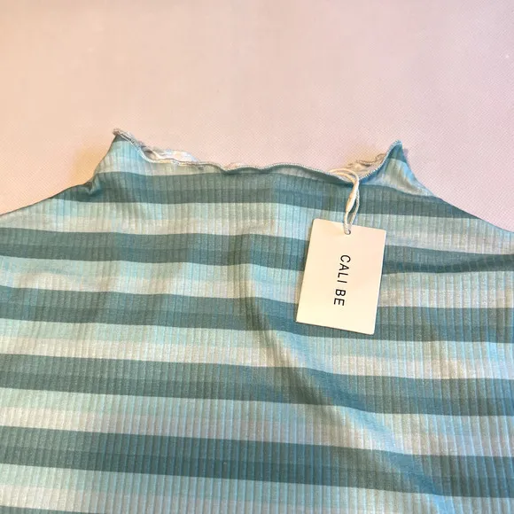 CALI BE Womens Top Size L Striped Long Sleeve Mock Neck Lettuce Edge Green‎ Blue Green Size L - Image 6