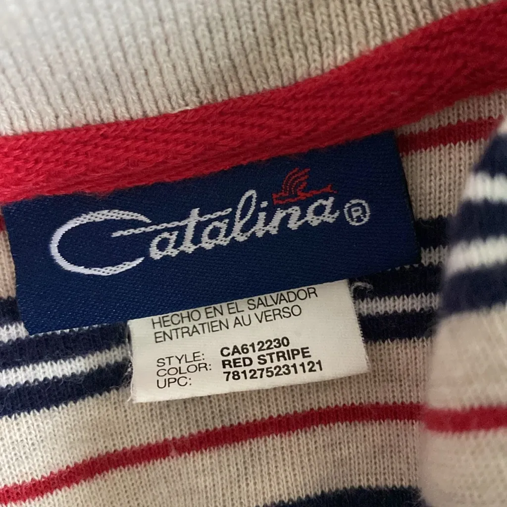 VINTAGE CATALINA Striped Sleeveless Polo Shirt Womens Sz Medium Knit Tan Navy - Image 6